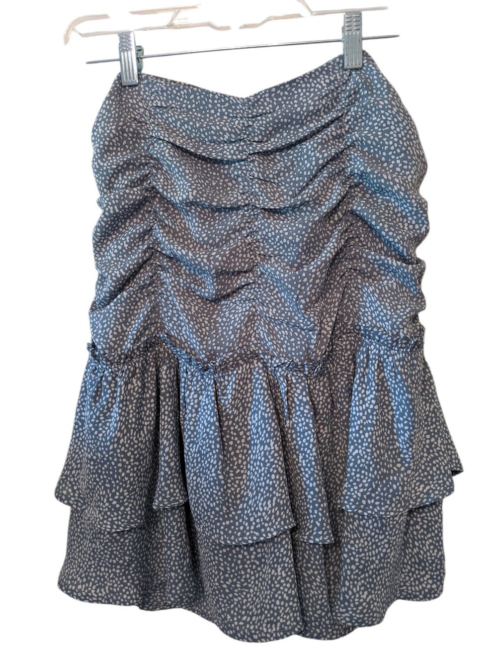 Krush Pewter & White Dot Tiered Mini Skirt Ruched Ruffled Girl Sz. Medium